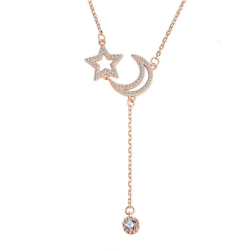 Hollow Crescent Moon Star Tassels Necklace