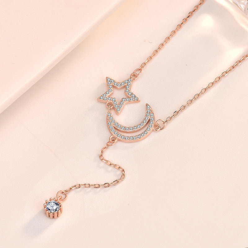 Hollow Crescent Moon Star Tassels Necklace