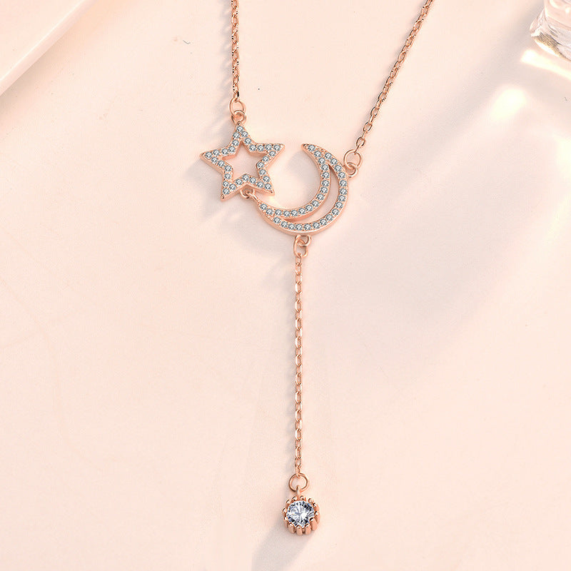 Hollow Crescent Moon Star Tassels Necklace