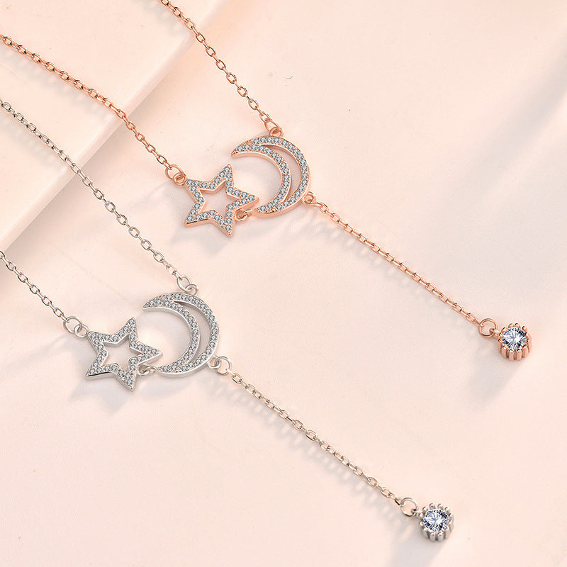Hollow Crescent Moon Star Tassels Necklace