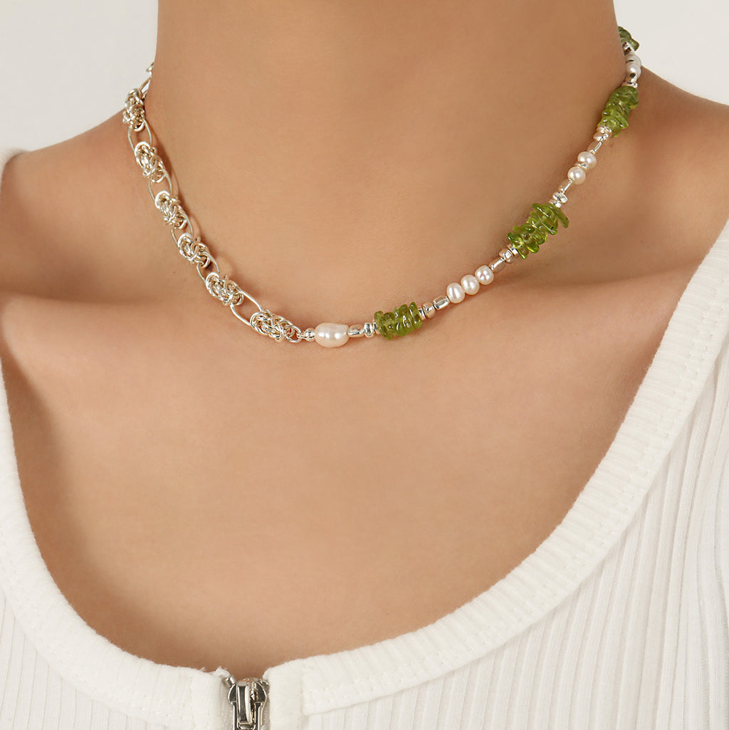 Natural Pearl Peridot Sweet Patchwork Necklace