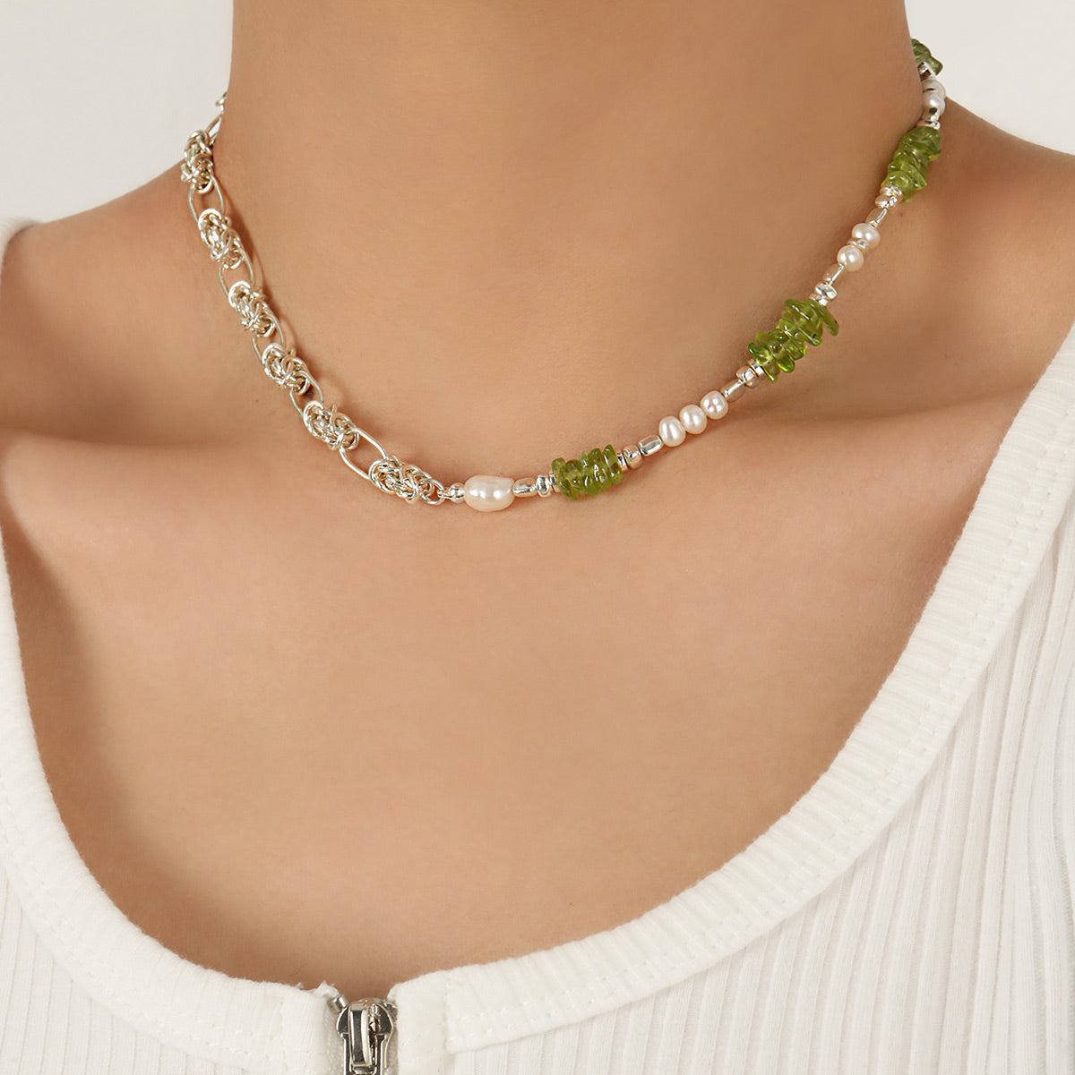 Natural Pearl Peridot Sweet Patchwork Necklace