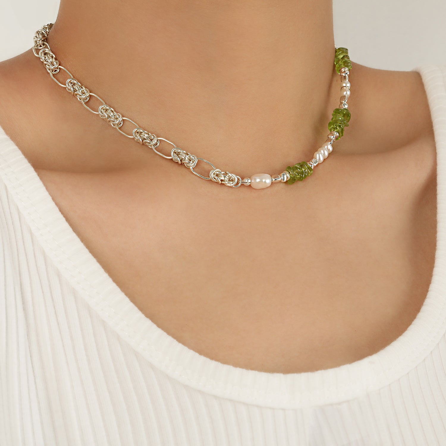 Natural Pearl Peridot Sweet Patchwork Necklace